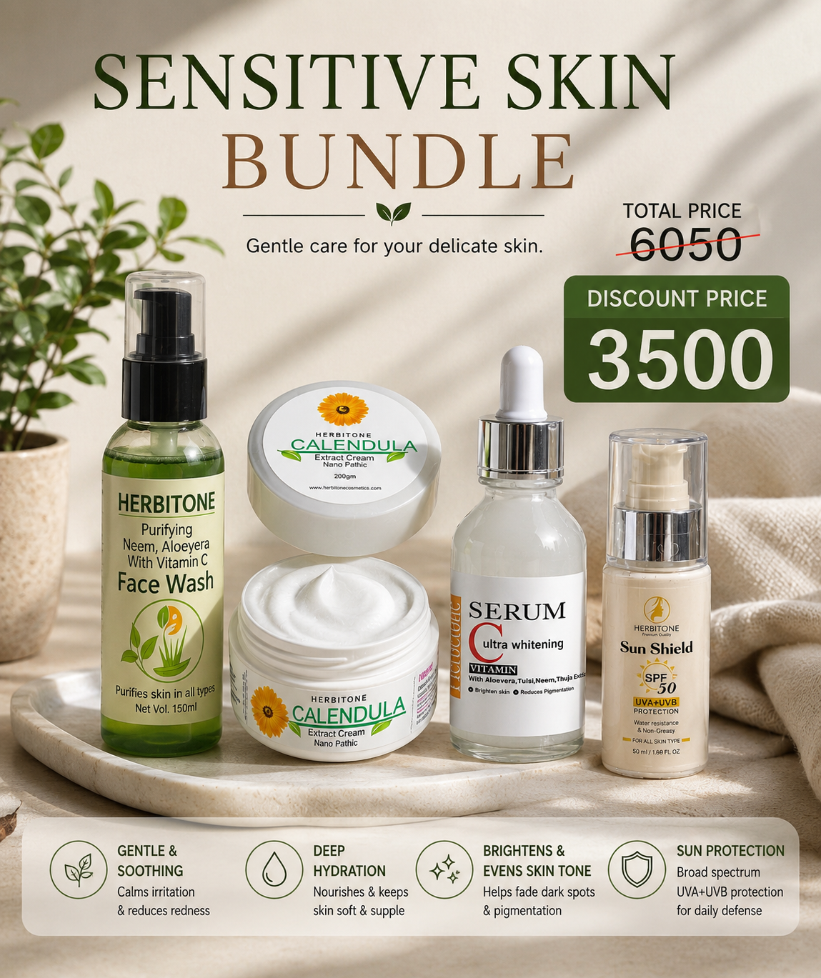 Sensitive Skin Bundle – Face Wash, Calendula Cream, Vitamin C Serum & SPF 50 Sunscreen | Herbitone