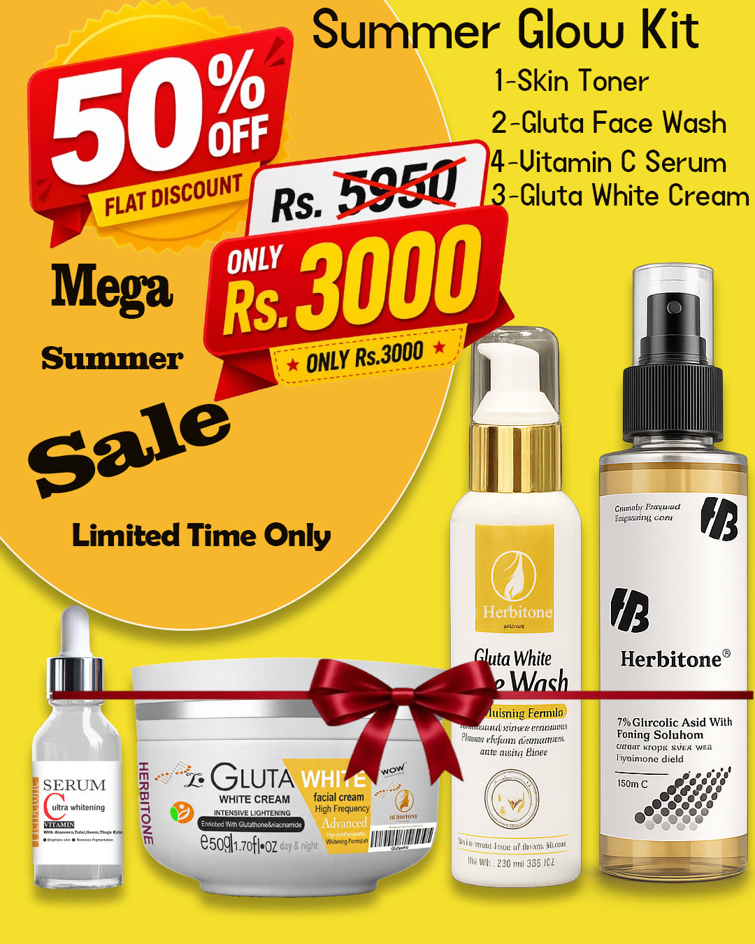 Herbitone Summer Glow Kit featuring Gluta White Cream, Vitamin C Serum, Gluta Face Wash and Skin Toner with 50% discount offer in Pakistan