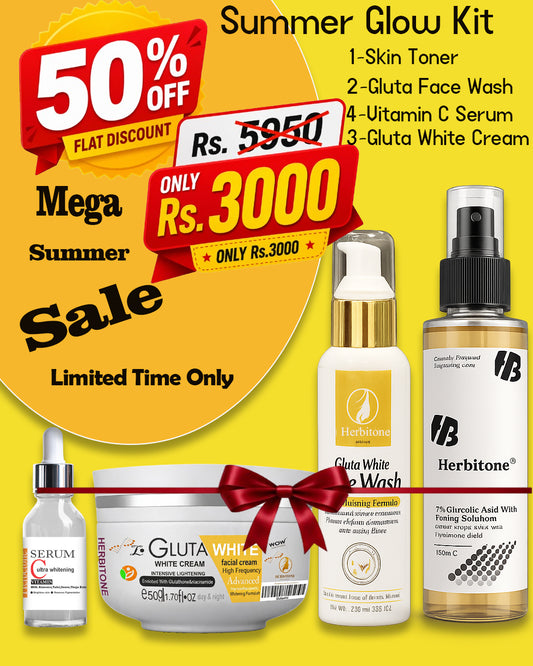 Herbitone Summer Glow Kit featuring Gluta White Cream, Vitamin C Serum, Gluta Face Wash and Skin Toner with 50% discount offer in Pakistan