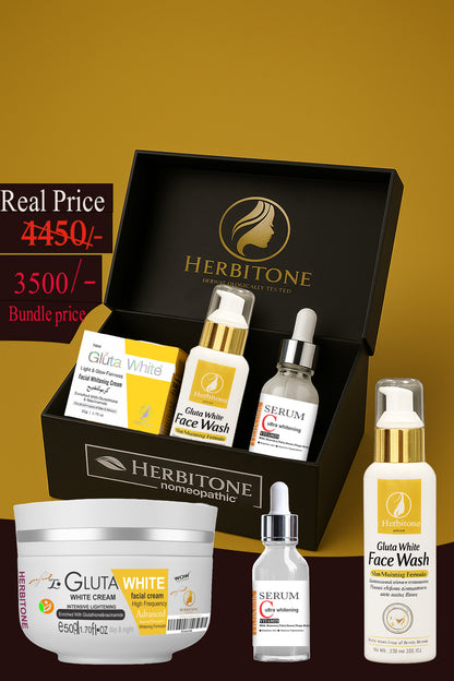 Herbitone Gluta White Radiant Whitening Kit bundle with face wash serum and cream Pakistan