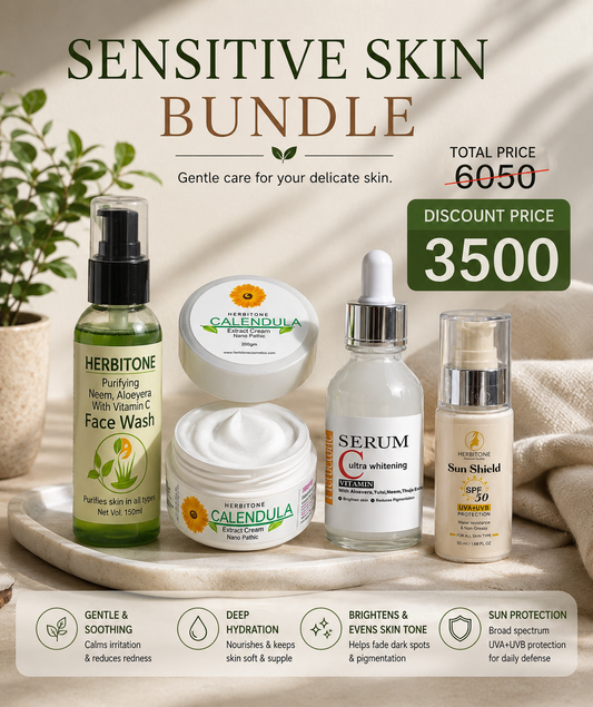 Sensitive Skin Bundle – Face Wash, Calendula Cream, Vitamin C Serum & SPF 50 Sunscreen | Herbitone