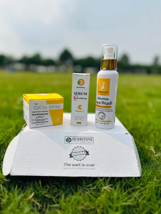 Herbitone Gluta White Radiant Whitening Kit – Complete Skincare Bundle (Face Wash, Serum & Cream) Pakistan